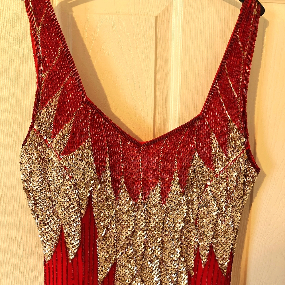100% Hand Beaded Red Gown With Slit - Picture 6 of 12